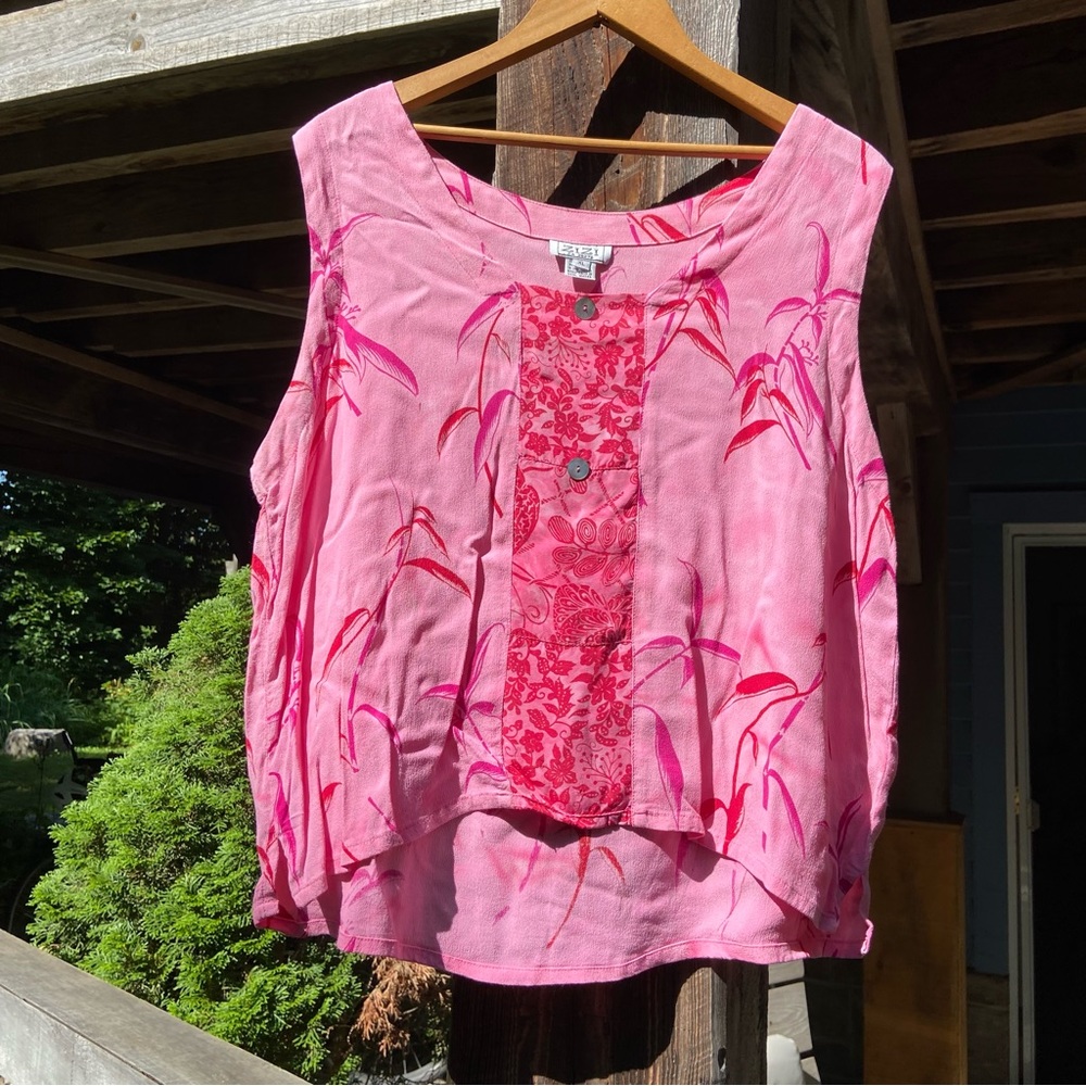 ZIZI XL pink flowy tank with floral accents. 100% rayon.